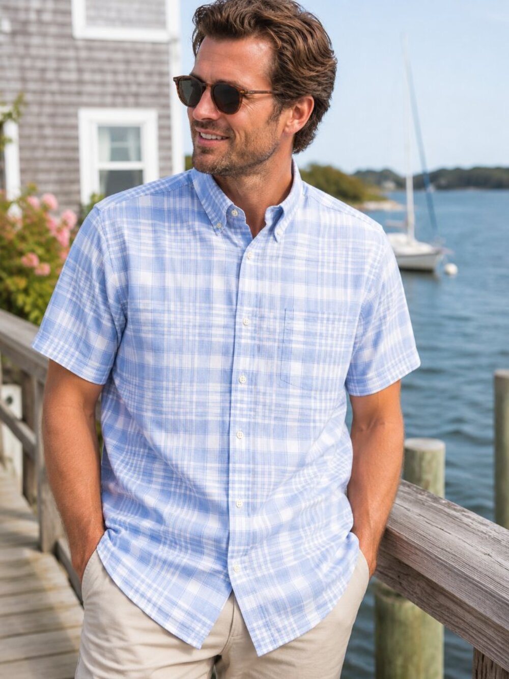 Chaps Linen Cotton Plaid Button Down Shirt Blue White Short Sleeve Large